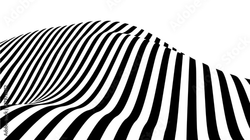 Optical illusion wave. Abstract 3d black and white illusions. Horizontal lines stripes pattern or background with wavy distortion effect. Vector illustration.