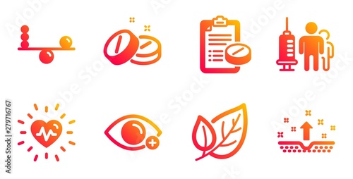 Farsightedness, Medical prescription and Heartbeat line icons set. Balance, Leaf and Medical tablet signs. Clean skin symbol. Eye vision, Medicine drugs. Healthcare set. Vector