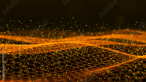 Abstract dynamic wave of connected dots and lines on dark background. Wave of bright particles. Digital technology background. Big data. 4K illustration. 3d rendering.