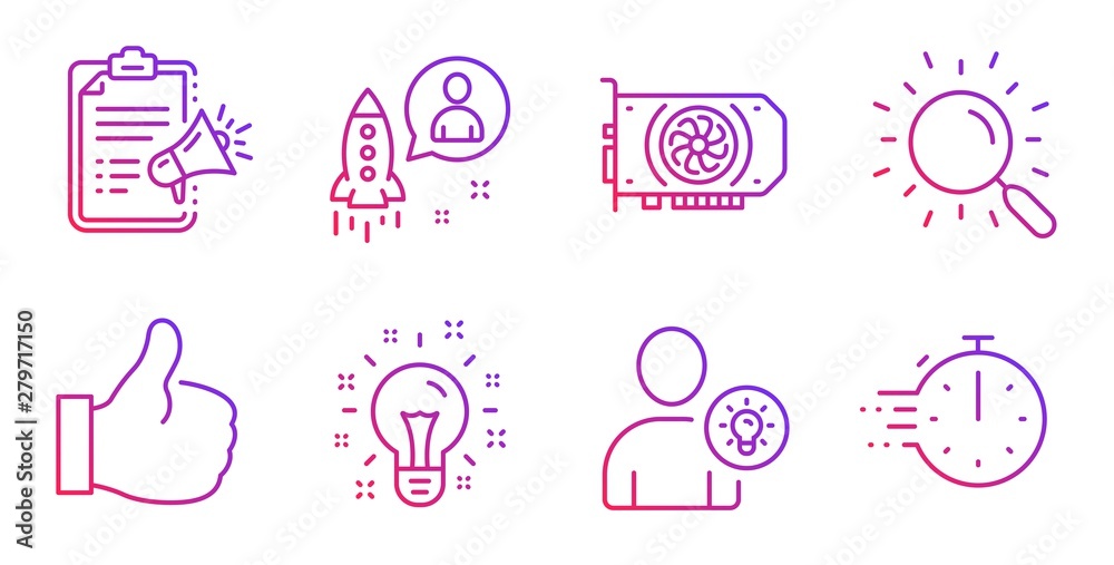 Megaphone checklist, Like and User idea line icons set. Gpu, Idea and Search signs. Startup, Cooking timer symbols. Brand check, Thumbs up. Technology set. Gradient megaphone checklist icon. Vector Megaphone checklist, Like and User idea line icons set. Gpu, Idea and Search signs. Startup, Cooking timer symbols. Brand check, Thumbs up. Technology set. Gradient megaphone checklist icon. Vector