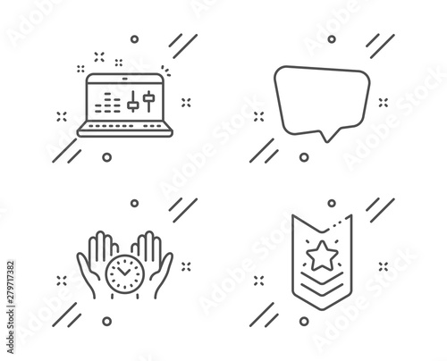 Chat message, Safe time and Sound check line icons set. Shoulder strap sign. Speech bubble, Management, Dj controller. Star rank. Education set. Line chat message outline icon. Vector