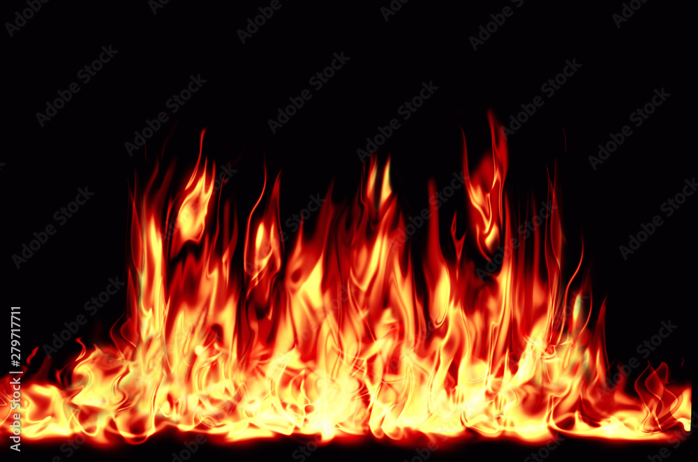 Bright, burning flame on a black background. Fire and center of ignition. Bright, burning flame on a black background. Fire and center of ignition.