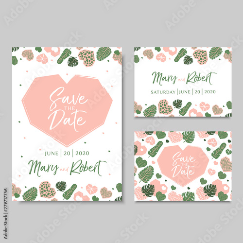 Wedding invitation cards with hearts and tropical leaves. Vector illustration in hand drawn style