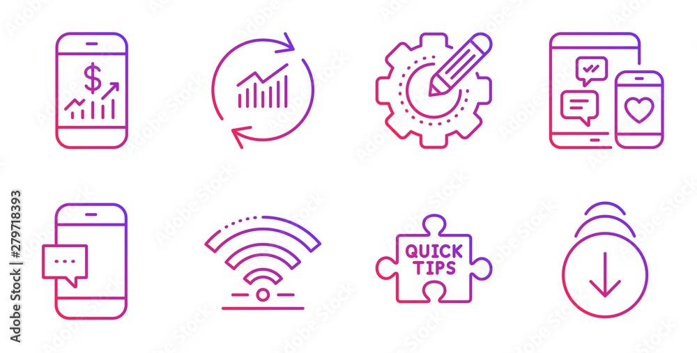 Smartphone message, Mobile finance and Update data line icons set. Social media, Settings gear and Quick tips signs. Wifi, Scroll down symbols. Cellphone chat, Phone accounting. Vector Smartphone message, Mobile finance and Update data line icons set. Social media, Settings gear and Quick tips signs. Wifi, Scroll down symbols. Cellphone chat, Phone accounting. Vector