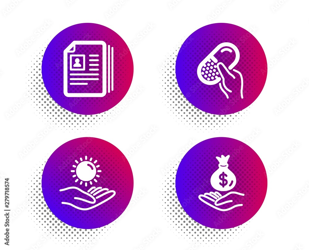 Cv documents, Capsule pill and Sun protection icons simple set. Halftone dots button. Income money sign. Portfolio files, Medicine drugs, Ultraviolet care. Savings. People set. Vector