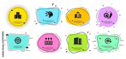 Return package, Buildings and Parcel tracking line icons set. Chat bubbles with quotes. Engineering, University campus and Skyscraper buildings signs. Push cart, Evaporation symbols. Vector
