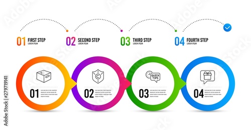 Office box, Quick tips and Copyright protection line icons set. Timeline infographic. Wish list sign. Delivery box, Helpful tricks, Shield. Business set. Office box icon. Timeline diagram. Vector