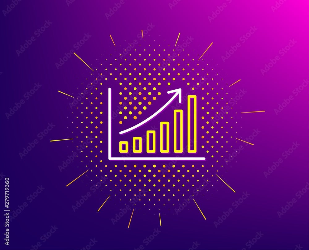 Fototapeta premium Graph line icon. Halftone pattern. Column chart sign. Growth diagram symbol. Gradient background. Graph chart line icon. Yellow halftone pattern. Vector