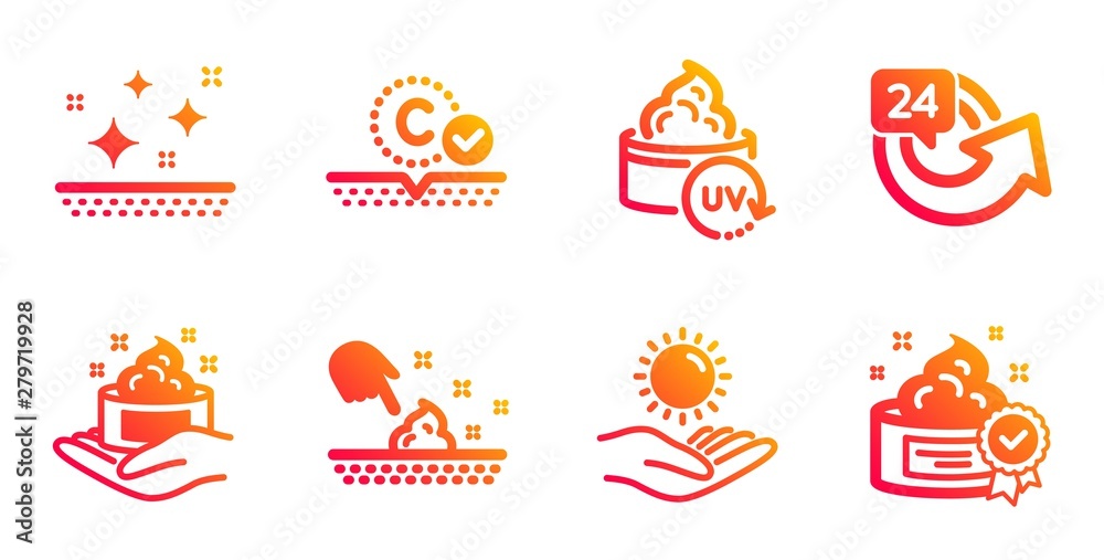 Skin care, Skin moisture and 24 hours line icons set. Uv protection, Sun protection and Cream signs. Hand cream, Repeat. Beauty set. Gradient skin care icons set. Vector Skin care, Skin moisture and 24 hours line icons set. Uv protection, Sun protection and Cream signs. Hand cream, Repeat. Beauty set. Gradient skin care icons set. Vector