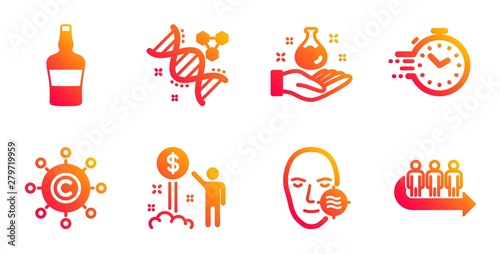 Timer, Copywriting network and Chemistry lab line icons set. Income money, Scotch bottle and Chemistry dna signs. Problem skin, Queue symbols. Deadline management, Content networking. Vector