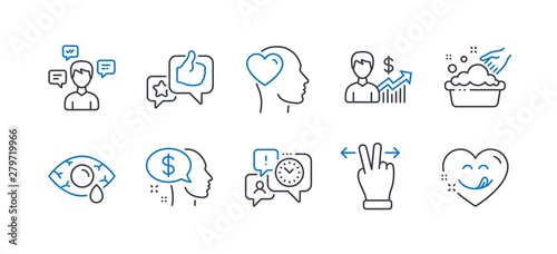 Set of People icons, such as Touchscreen gesture, Hand washing, Like, Time management, Pay, Conversation messages, Business growth, Friend, Ð¡onjunctivitis eye, Yummy smile line icons. Vector