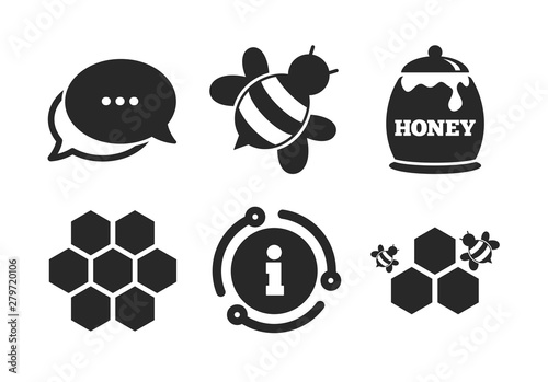 Honeycomb cells with bees symbol. Chat, info sign. Honey icon. Sweet natural food signs. Classic style speech bubble icon. Vector