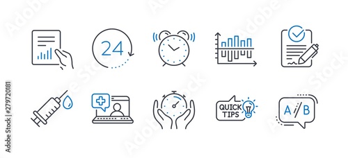 Set of Science icons, such as Education idea, Medical help, Document, Timer, Medical syringe, Alarm clock, Diagram chart, Rfp, 24 hours, Ab testing line icons. Quick tips, Medicine laptop. Vector