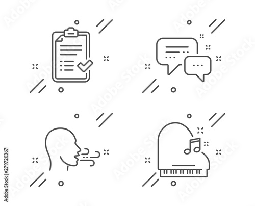 Breathing exercise, Employees messenger and Approved checklist line icons set. Piano sign. Breath, Speech bubble, Accepted message. Fortepiano. Education set. Vector