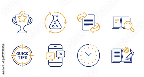 Chemistry experiment, Tips and Search book line icons set. Victory, Time management and Marketing signs. Phone survey, Engineering documentation symbols. Laboratory flask, Quick tricks. Vector