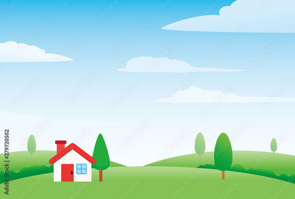 Nature landscape with house vector illustration, house on the hill vector illustration with bright sky and clouds 