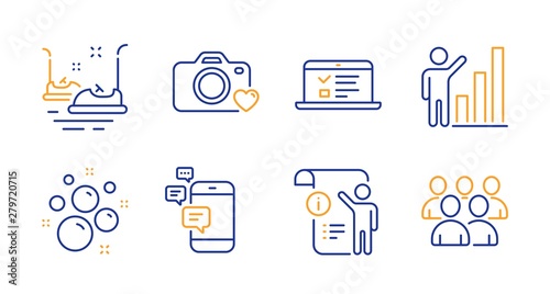 Communication, Web lectures and Bumper cars line icons set. Clean bubbles, Photo camera and Graph chart signs. Manual doc, Group symbols. Smartphone messages, Online test. Business set. Vector