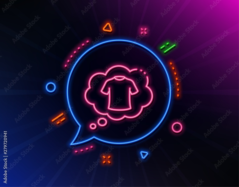 T-shirt line icon. Neon laser lights. Laundry shirt sign. Clothing speech bubble symbol. Glow laser speech bubble. Neon lights chat bubble. Banner badge with t-shirt icon. Vector