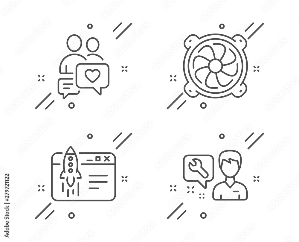 Dating chat, Start business and Computer fan line icons set. Repairman sign. People love, Launch idea, Pc ventilator. Repair service. Technology set. Line dating chat outline icon. Vector Dating chat, Start business and Computer fan line icons set. Repairman sign. People love, Launch idea, Pc ventilator. Repair service. Technology set. Line dating chat outline icon. Vector