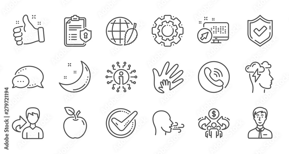 Check mark, Sharing economy and Mindfulness stress line icons. Privacy Policy, Social Responsibility. Linear icon set. Quality line set. Vector