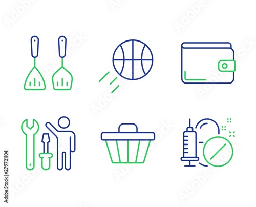 Basketball, Shop cart and Repairman line icons set. Money wallet, Cooking cutlery and Medical drugs signs. Sport ball, Web buying, Repair screwdriver. Payment method. Business set. Vector