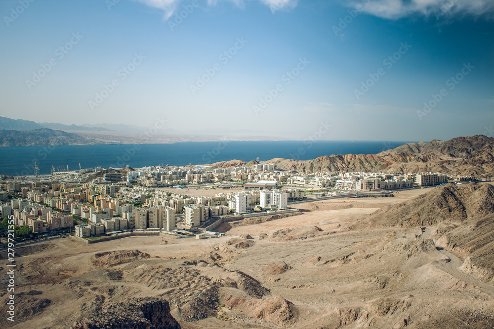 aerial photography from drone of Eilat suburb the most south Israeli city building landmark place near Gulf of Aqaba Red sea bay Middle East scenic landscape 