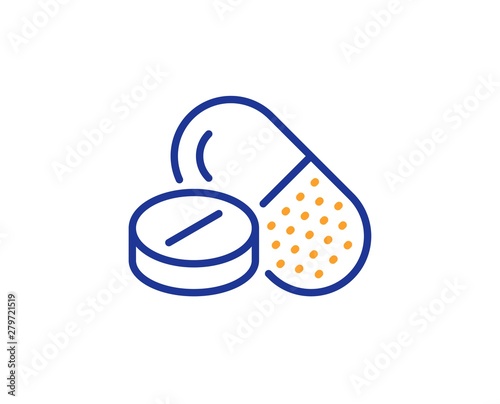 Medicine pills sign. Medical drugs line icon. Pharmacy medication symbol. Colorful outline concept. Blue and orange thin line medical drugs icon. Vector