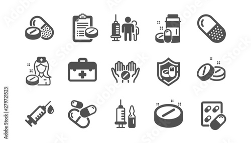 Medical drugs icons. Healthcare, Prescription and Pill signs. Pharmacy drugs, recipe pill icons. Antibiotic capsule, syringe vaccination. Classic set. Quality set. Vector