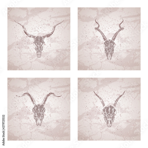 Vector set of four illustrations with silhouettes skulls antelope and goat on vintage background. Sketch in beige color.