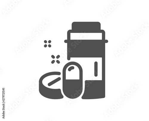 Medicine pills sign. Medical drugs bottle icon. Pharmacy medication symbol. Classic flat style. Simple medical drugs icon. Vector