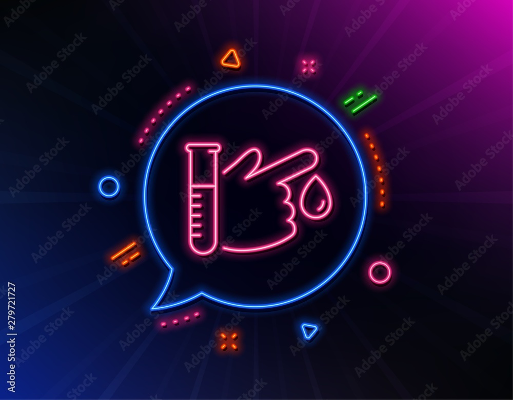 Fototapeta premium Blood donation line icon. Neon laser lights. Medical analyzes sign. Pharmacy medication symbol. Glow laser speech bubble. Neon lights chat bubble. Banner badge with blood donation icon. Vector