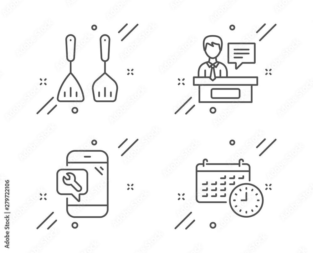 Cooking cutlery, Phone repair and Exhibitors line icons set. Calendar sign. Kitchen accessories, Spanner service, Information desk. Time. Business set. Line cooking cutlery outline icon. Vector Cooking cutlery, Phone repair and Exhibitors line icons set. Calendar sign. Kitchen accessories, Spanner service, Information desk. Time. Business set. Line cooking cutlery outline icon. Vector