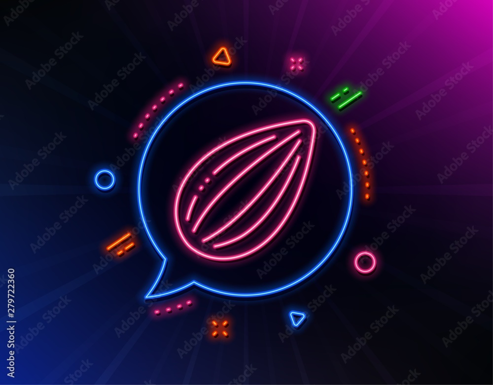 Almond nut line icon. Neon laser lights. Tasty nuts sign. Vegan food symbol. Glow laser speech bubble. Neon lights chat bubble. Banner badge with almond nut icon. Vector Almond nut line icon. Neon laser lights. Tasty nuts sign. Vegan food symbol. Glow laser speech bubble. Neon lights chat bubble. Banner badge with almond nut icon. Vector