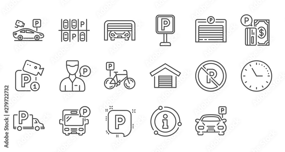 Parking line icons. Garage, Valet servant and Paid parking. Car transport park place linear icon set. Quality line set. Vector