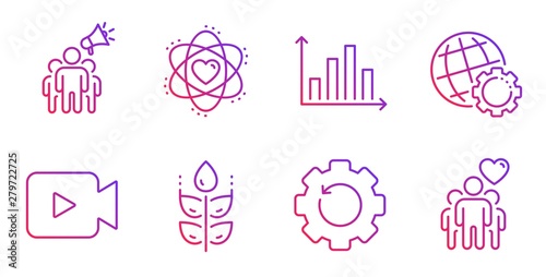 Globe, Video camera and Recovery gear line icons set. Diagram graph, Brand ambassador and Atom signs. Gluten free, Friendship symbols. Internet settings, Movie or cinema. Business set. Vector