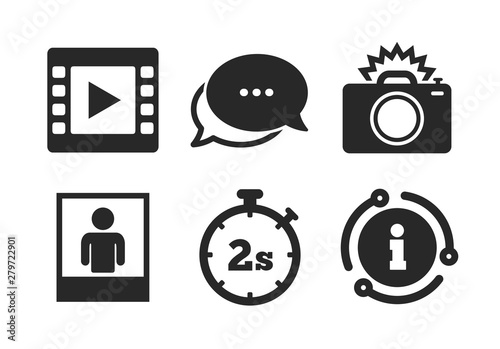 Flash light and video frame symbols. Chat, info sign. Photo camera icon. Stopwatch timer 2 seconds sign. Human portrait photo frame. Classic style speech bubble icon. Vector