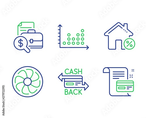 Dot plot, Accounting report and Fan engine line icons set. Loan house, Cashback card and Payment card signs. Presentation graph, Financial case, Ventilator. Discount percent. Finance set. Vector