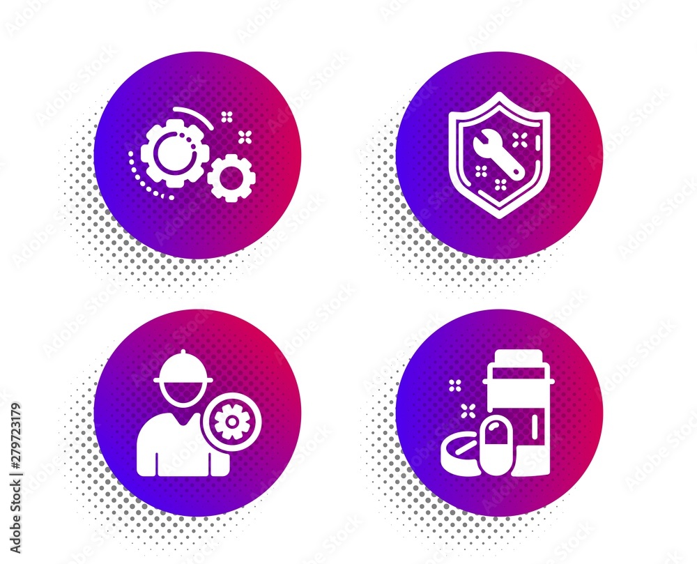Spanner, Engineer and Gears icons simple set. Halftone dots button. Medical drugs sign. Repair service, Worker with cogwheel, Work process. Medicine bottle. Business set. Vector