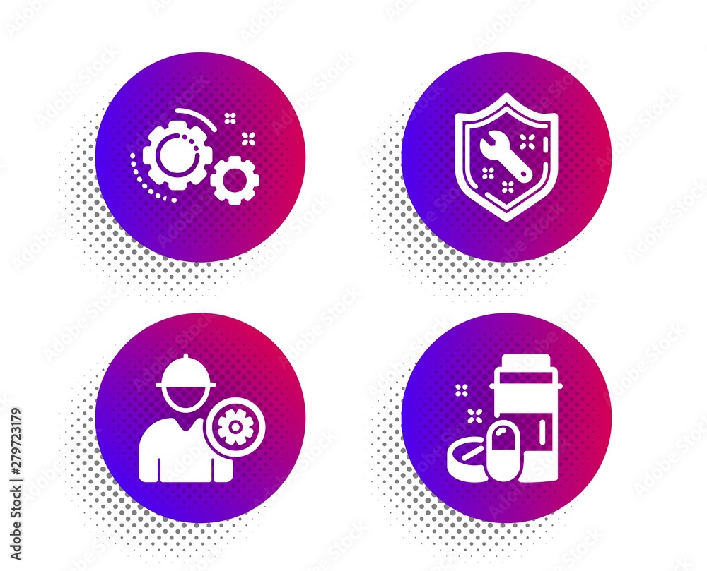Spanner, Engineer and Gears icons simple set. Halftone dots button. Medical drugs sign. Repair service, Worker with cogwheel, Work process. Medicine bottle. Business set. Vector Spanner, Engineer and Gears icons simple set. Halftone dots button. Medical drugs sign. Repair service, Worker with cogwheel, Work process. Medicine bottle. Business set. Vector