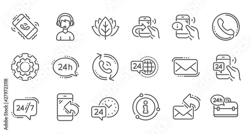 Processing line icons. Call center  Support and Chat message. 24 hour service linear icon set Quality line set. Vector