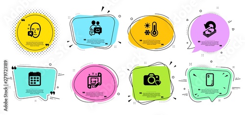 Photo camera, Weather thermometer and Calendar line icons set. Chat bubbles with quotes. Communication, Cashback and Architect plan signs. Face declined, Smartphone cover symbols. Vector