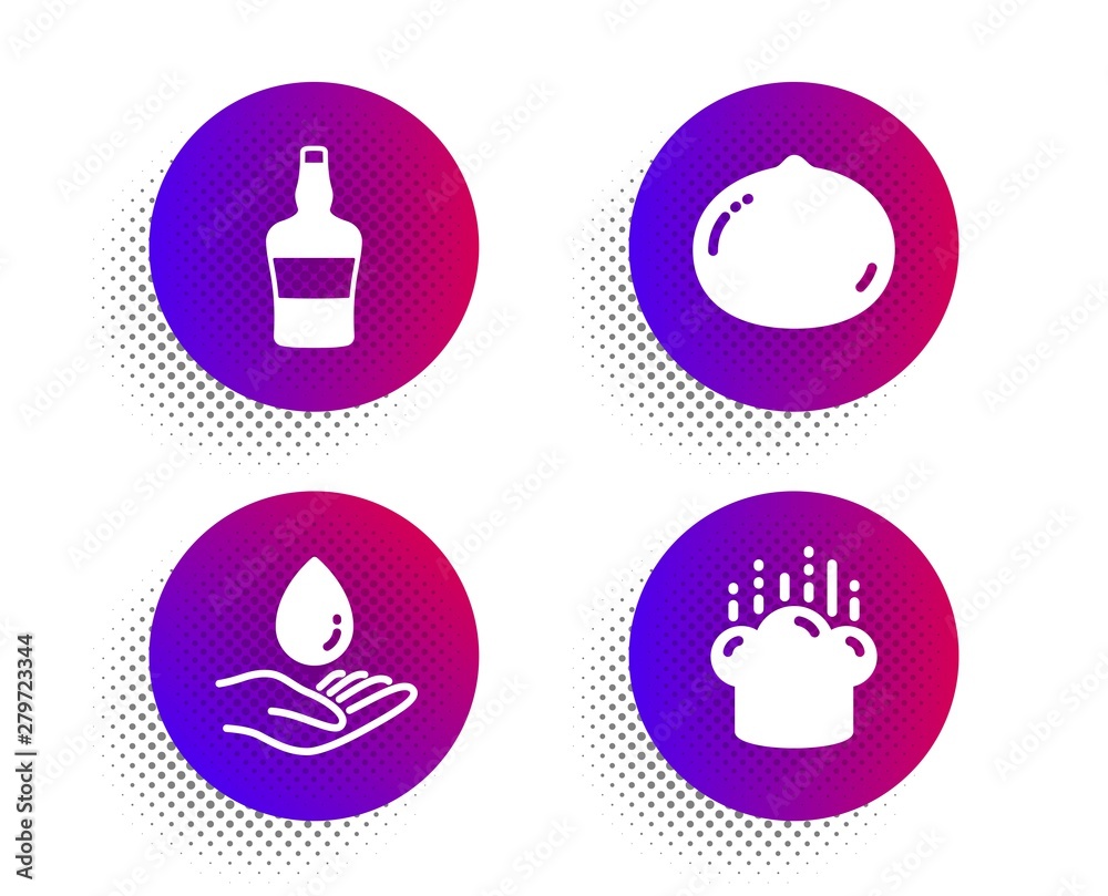 Water care, Macadamia nut and Scotch bottle icons simple set. Halftone dots button. Cooking hat sign. Aqua drop, Vegetarian food, Brandy alcohol. Chef. Food and drink set. Vector Water care, Macadamia nut and Scotch bottle icons simple set. Halftone dots button. Cooking hat sign. Aqua drop, Vegetarian food, Brandy alcohol. Chef. Food and drink set. Vector