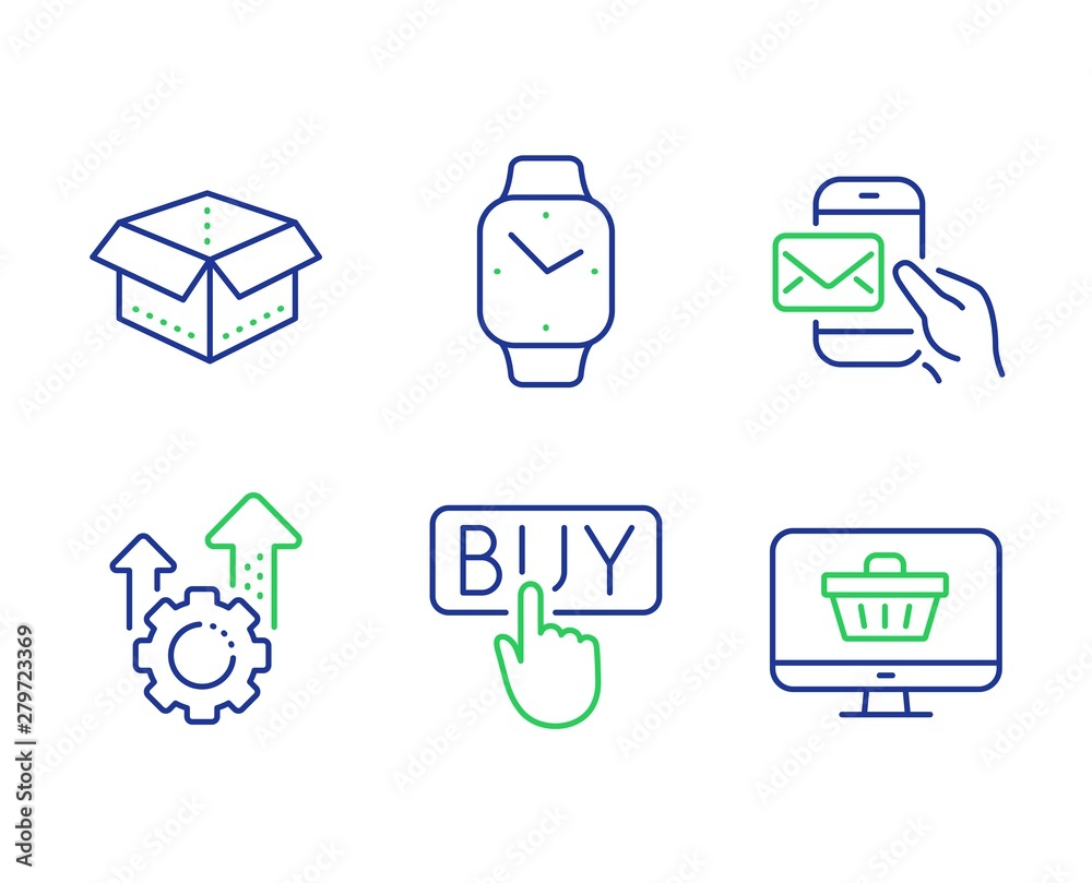 Open box, Seo gear and Messenger mail line icons set. Smartwatch, Buying and Web shop signs. Delivery package, Cogwheel, New e-mail. Digital time. Technology set. Line open box outline icons. Vector Open box, Seo gear and Messenger mail line icons set. Smartwatch, Buying and Web shop signs. Delivery package, Cogwheel, New e-mail. Digital time. Technology set. Line open box outline icons. Vector