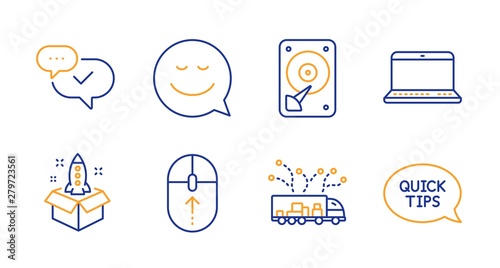 Startup, Swipe up and Hdd line icons set. Smile, Notebook and Truck delivery signs. Approved, Quickstart guide symbols. Innovation, Scrolling page. Technology set. Line startup icon. Vector