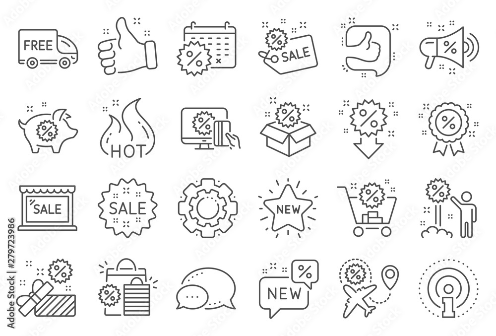 Fototapeta premium Discount line icons. Set of Shopping, Sale and New icons. Free delivery, Flight sale and Black friday discount. Hot offer, Airplane and new store. Online shopping. Black friday clearance. Vector
