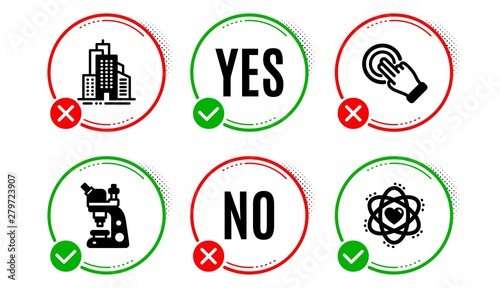 Skyscraper buildings, Touchscreen gesture and Microscope icons simple set. Yes no check box. Atom sign. Town architecture, Click hand, Chemistry laboratory. Electron. Business set. Vector