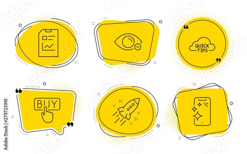 Buying, Startup rocket and Smartphone clean signs. Chat bubbles. Myopia, Report document and Quick tips line icons set. Eye vision, Statistics file, Helpful tricks. E-commerce shopping. Vector