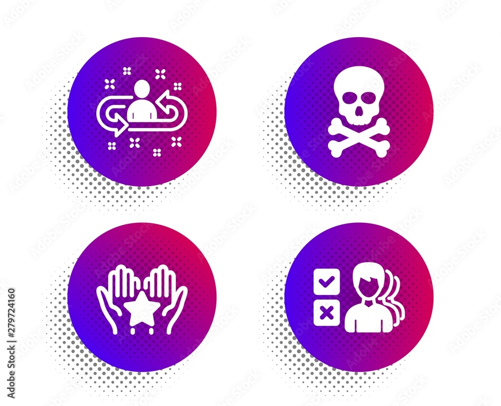 Recruitment, Chemical hazard and Ranking icons simple set. Halftone dots button. Opinion sign. Manager change, Toxic death, Hold star. Choose answer. Education set. Vector Recruitment, Chemical hazard and Ranking icons simple set. Halftone dots button. Opinion sign. Manager change, Toxic death, Hold star. Choose answer. Education set. Vector