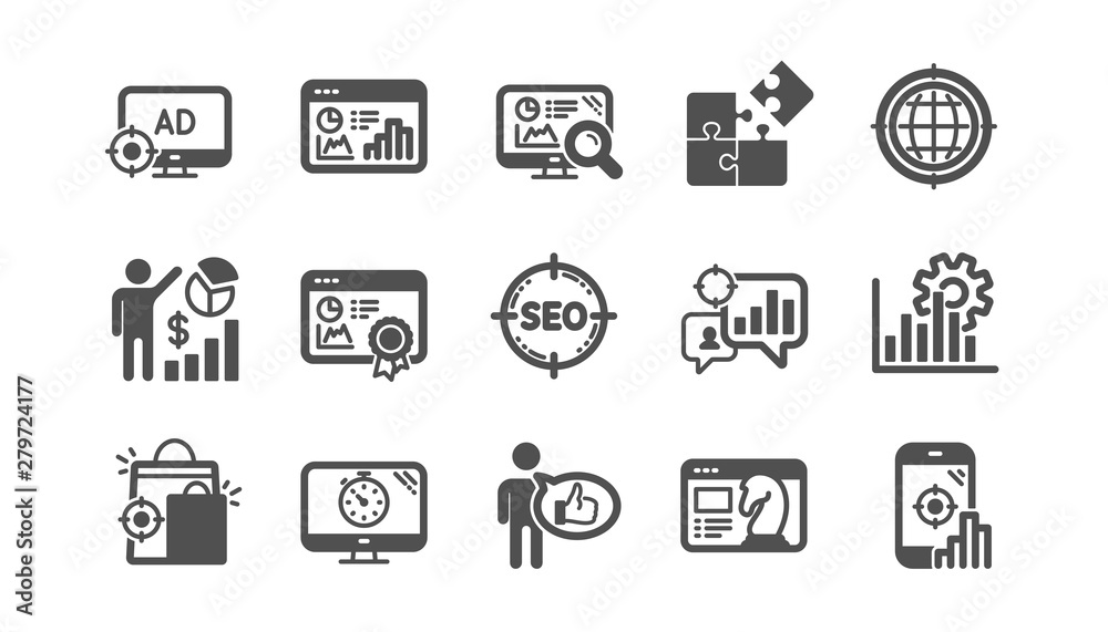 Seo icons. Increase sales, Business strategy and Search optimization. Analytics classic icon set. Quality set. Vector