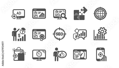 Seo icons. Increase sales, Business strategy and Search optimization. Analytics classic icon set. Quality set. Vector